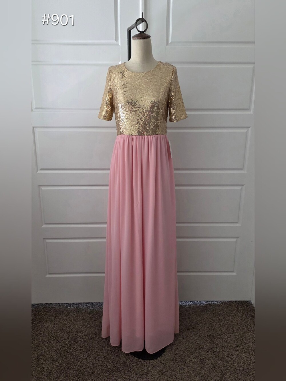 Pink Chiffon Formal Dress With Gold Sequins Bodice & Short Sleeves